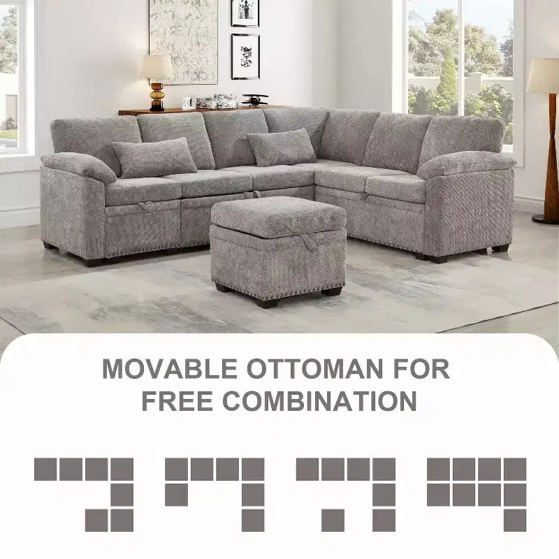 Divano sezionale angolare a L da 97" con pouf contenitore, divano angolare a 7 posti in tessuto ciniglia con 2 cuscini per soggiorno - ModernLuxe