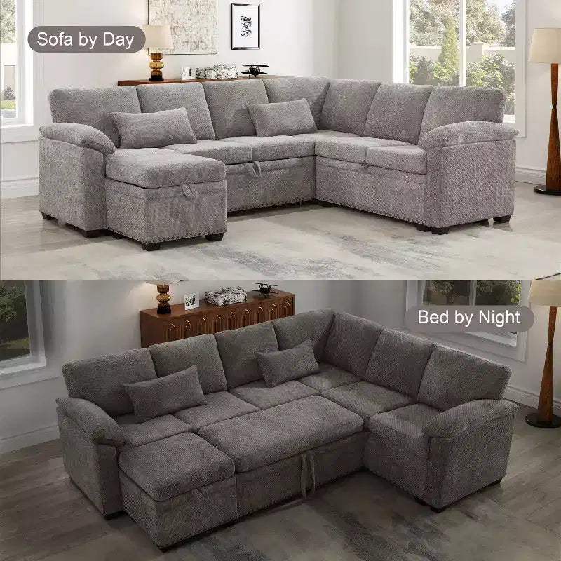 Divano sezionale angolare a L da 97" con pouf contenitore, divano angolare a 7 posti in tessuto ciniglia con 2 cuscini per soggiorno - ModernLuxe