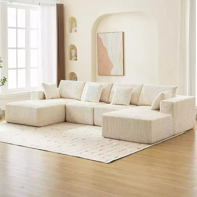 Divano Sezionale Cloud Modulare Moderno a U con Chaise Longue, in Tessuto Cordoncino, Nessun Montaggio Richiesto (137 Sezioni)