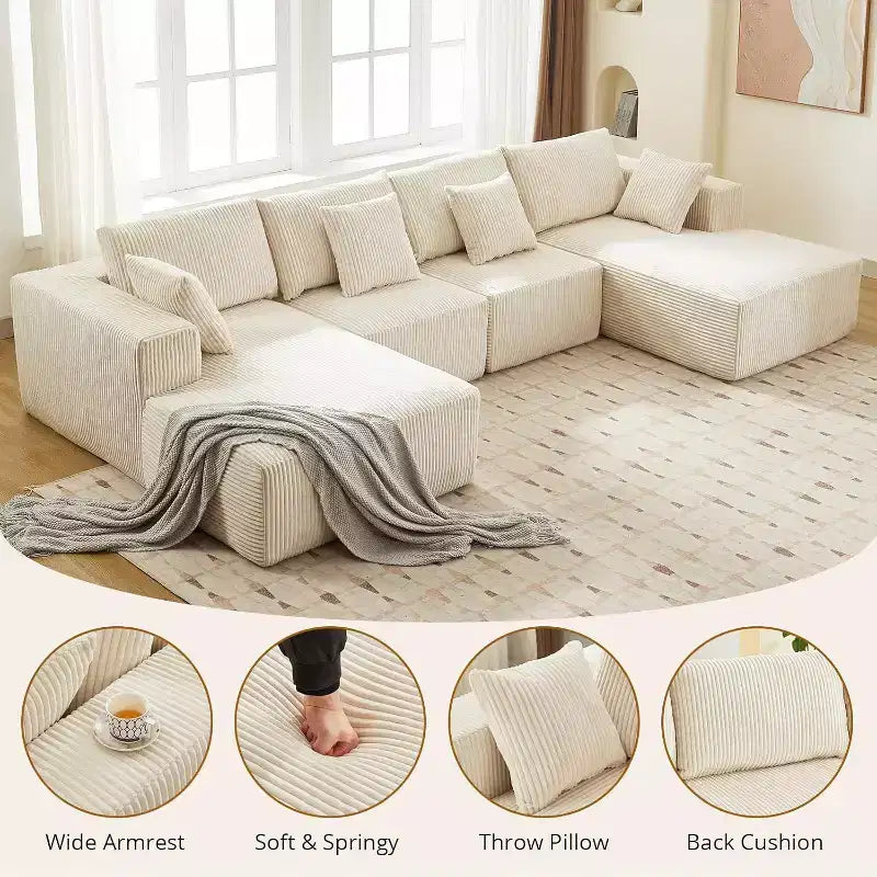 Divano Sezionale Cloud Modulare Moderno a U con Chaise Longue, in Tessuto Cordoncino, Nessun Montaggio Richiesto (137 Sezioni)