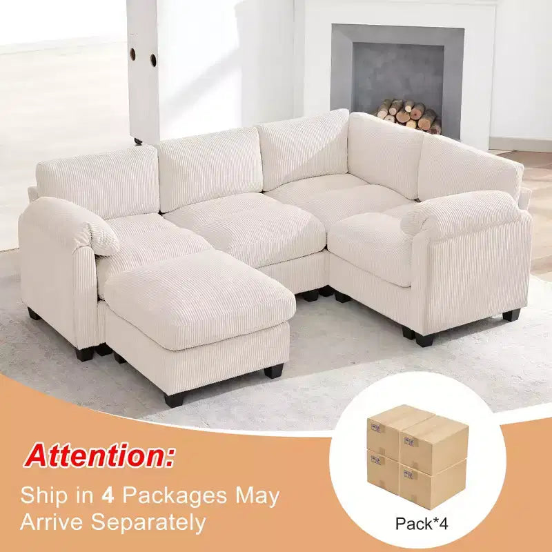Divano modulare componibile in velluto a coste con pouf mobile, divano imbottito a forma di U con cuscino a due strati per soggiorno