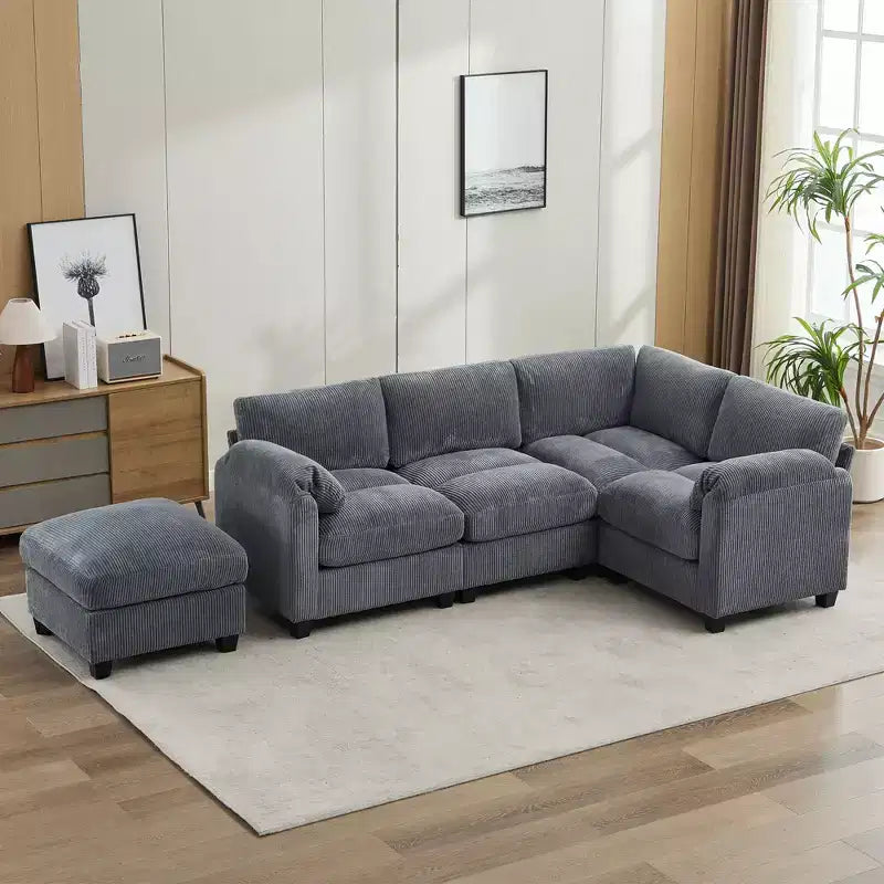 Divano modulare componibile in velluto a coste con pouf mobile, divano imbottito a forma di U con cuscino a due strati per soggiorno