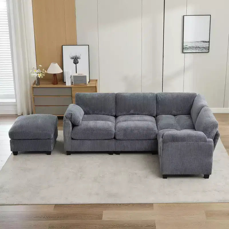 Divano modulare componibile in velluto a coste con pouf mobile, divano imbottito a forma di U con cuscino a due strati per soggiorno