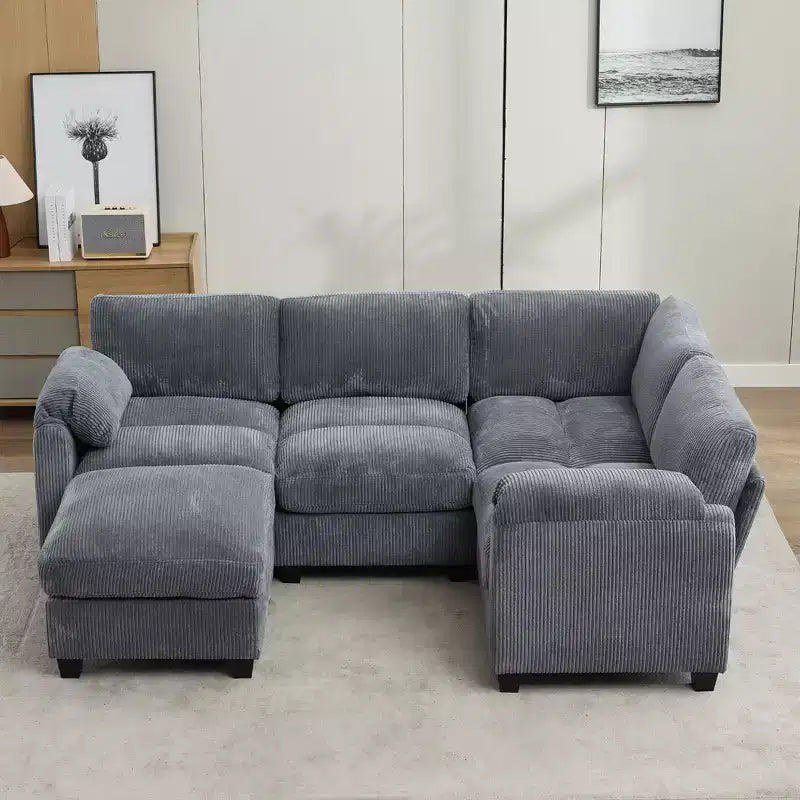 Divano modulare componibile in velluto a coste con pouf mobile, divano imbottito a forma di U con cuscino a due strati per soggiorno