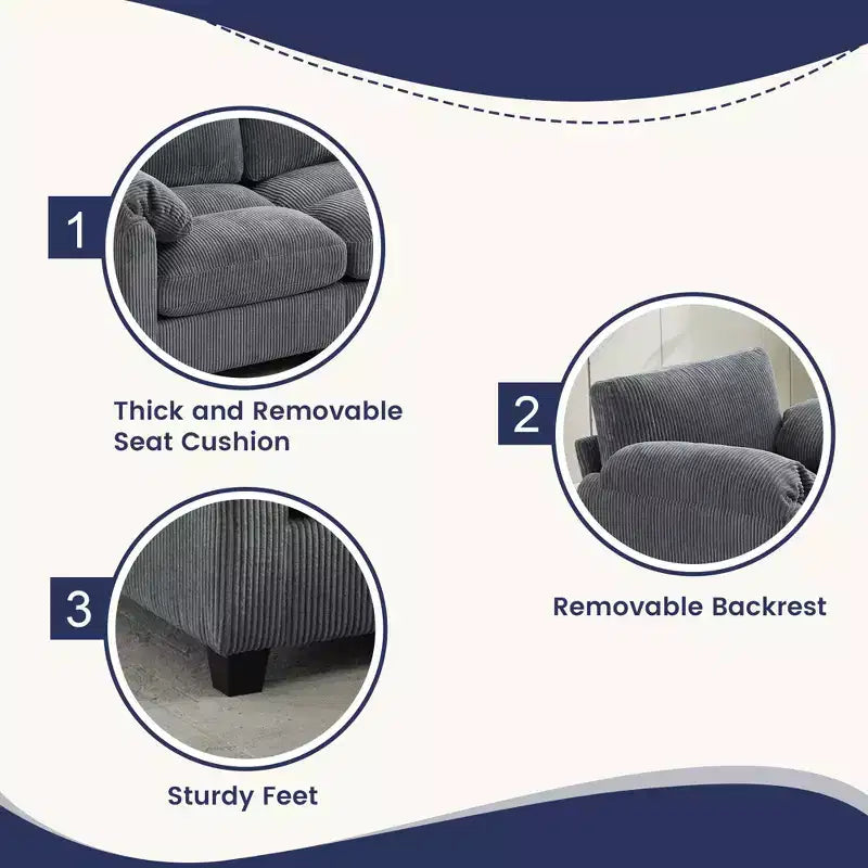 Divano modulare componibile in velluto a coste con pouf mobile, divano imbottito a forma di U con cuscino a due strati per soggiorno