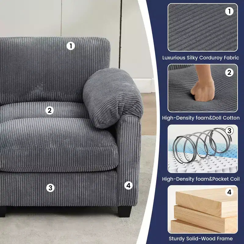 Divano modulare componibile in velluto a coste con pouf mobile, divano imbottito a forma di U con cuscino a due strati per soggiorno