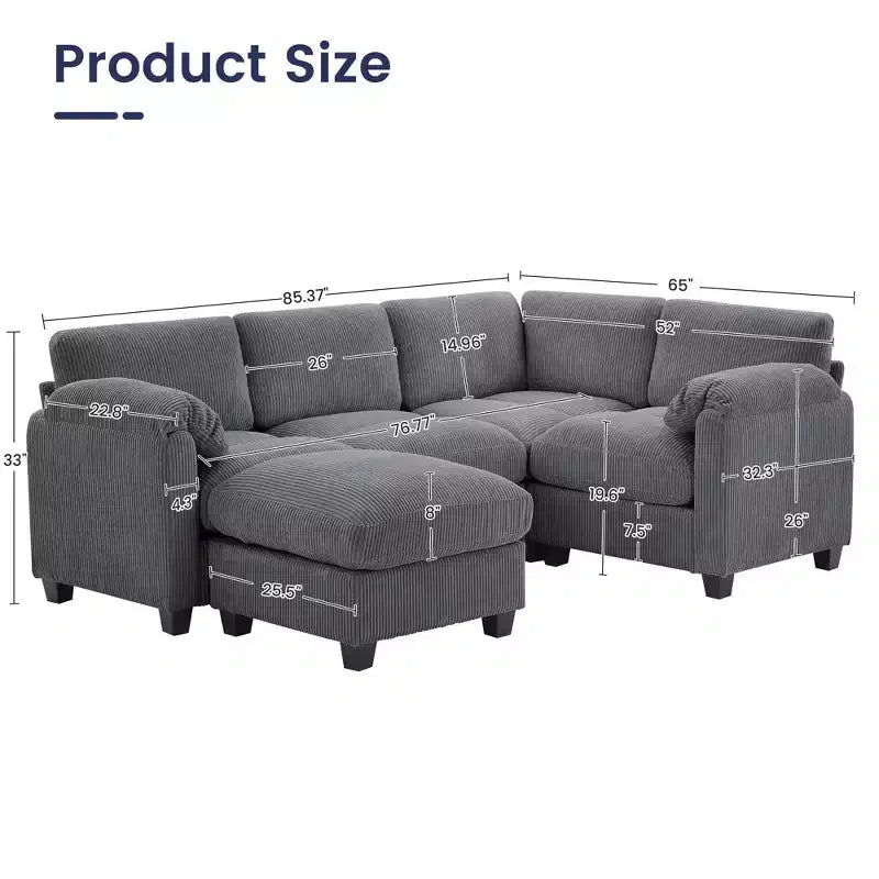 Divano modulare componibile in velluto a coste con pouf mobile, divano imbottito a forma di U con cuscino a due strati per soggiorno