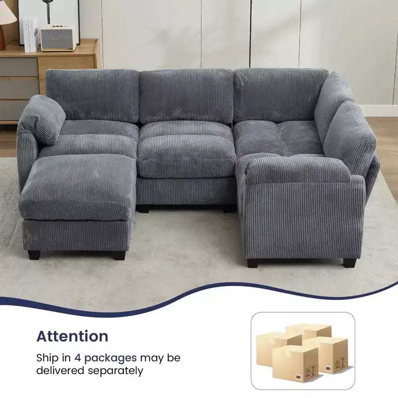 Divano modulare componibile in velluto a coste con pouf mobile, divano imbottito a forma di U con cuscino a due strati per soggiorno