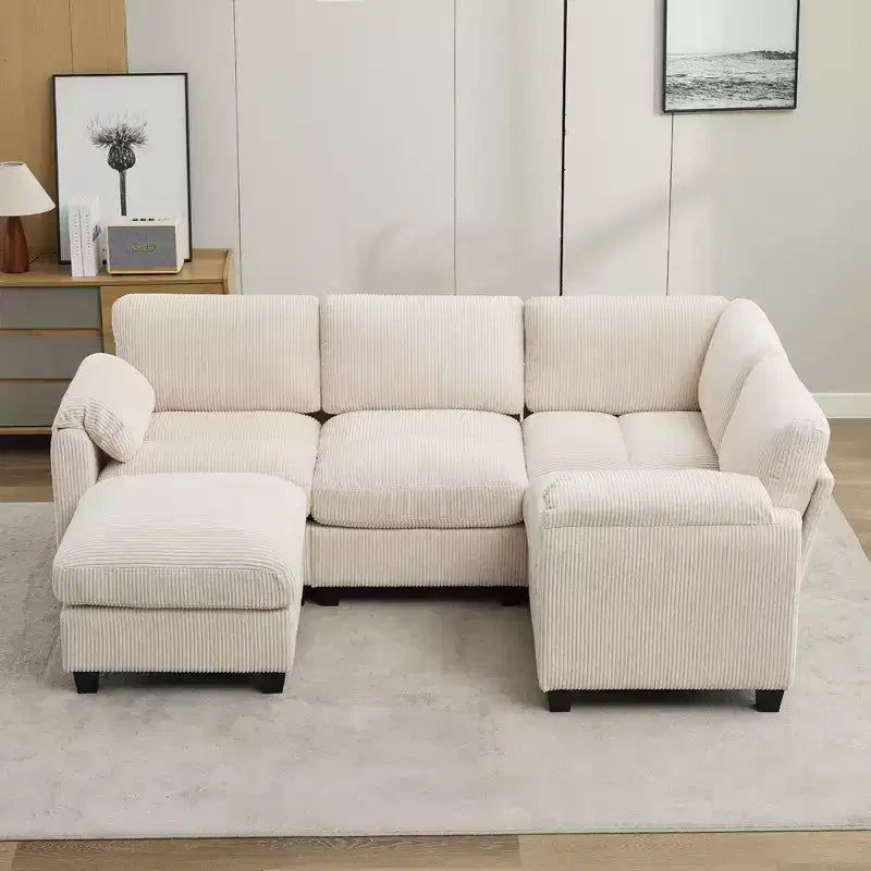 Divano modulare componibile in velluto a coste con pouf mobile, divano imbottito a forma di U con cuscino a due strati per soggiorno