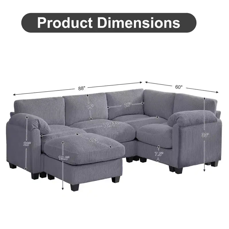 Divano modulare componibile in velluto a coste con pouf mobile, divano imbottito a forma di U con cuscino a due strati per soggiorno