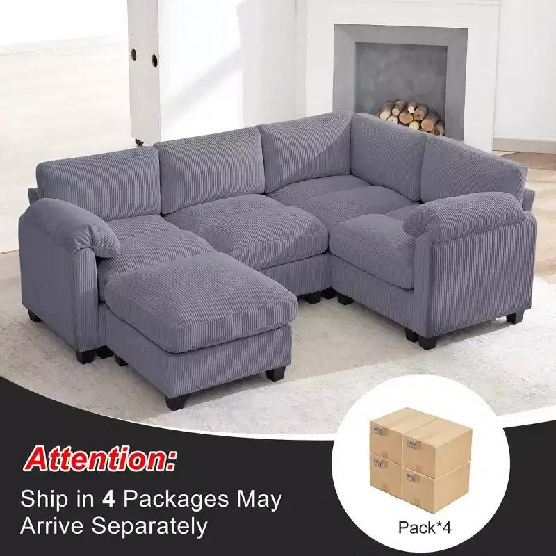 Divano modulare componibile in velluto a coste con pouf mobile, divano imbottito a forma di U con cuscino a due strati per soggiorno
