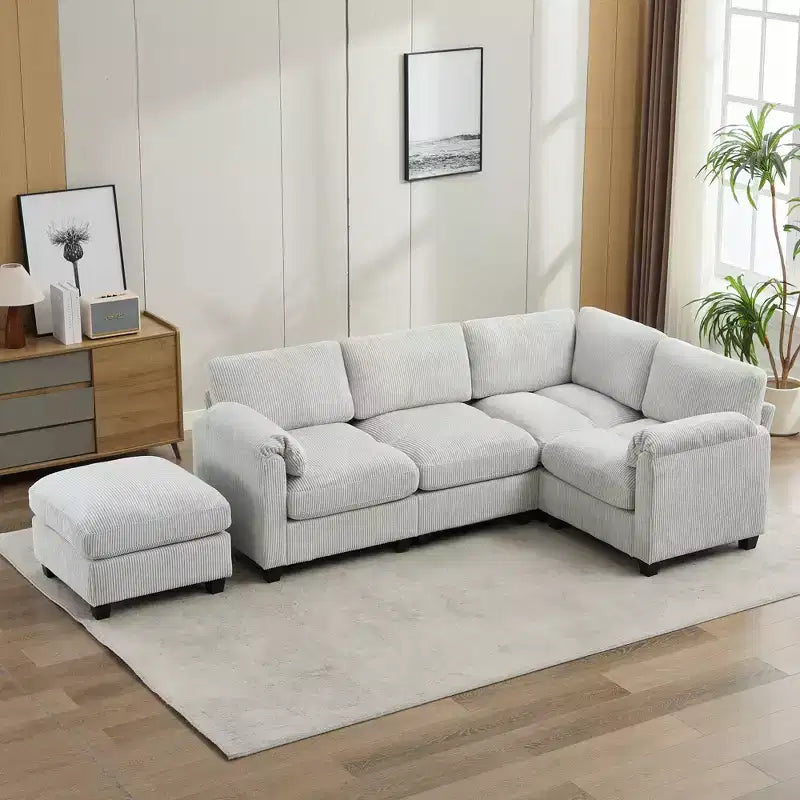 Divano modulare componibile in velluto a coste con pouf mobile, divano imbottito a forma di U con cuscino a due strati per soggiorno