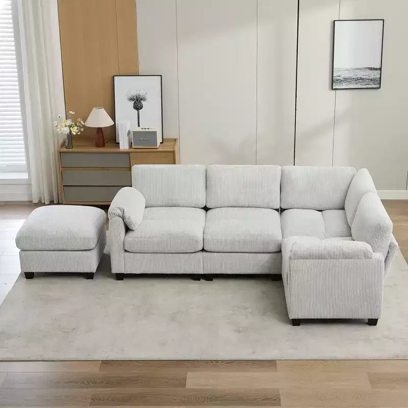 Divano modulare componibile in velluto a coste con pouf mobile, divano imbottito a forma di U con cuscino a due strati per soggiorno