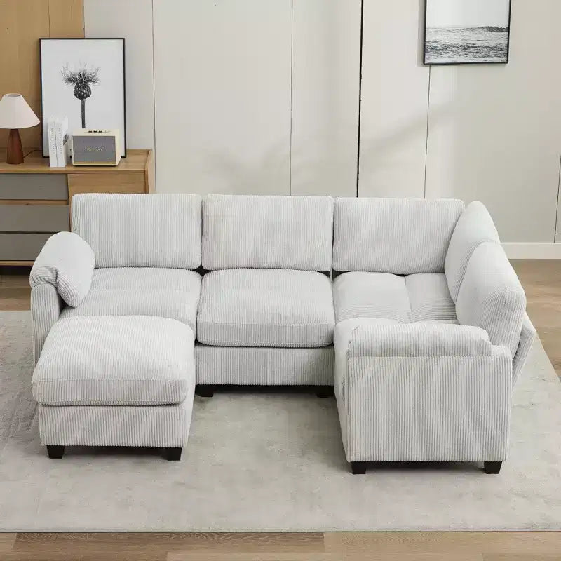 Divano modulare componibile in velluto a coste con pouf mobile, divano imbottito a forma di U con cuscino a due strati per soggiorno