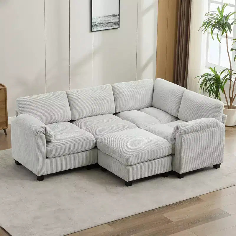 Divano modulare componibile in velluto a coste con pouf mobile, divano imbottito a forma di U con cuscino a due strati per soggiorno