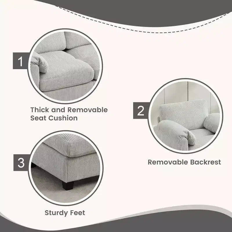 Divano modulare componibile in velluto a coste con pouf mobile, divano imbottito a forma di U con cuscino a due strati per soggiorno