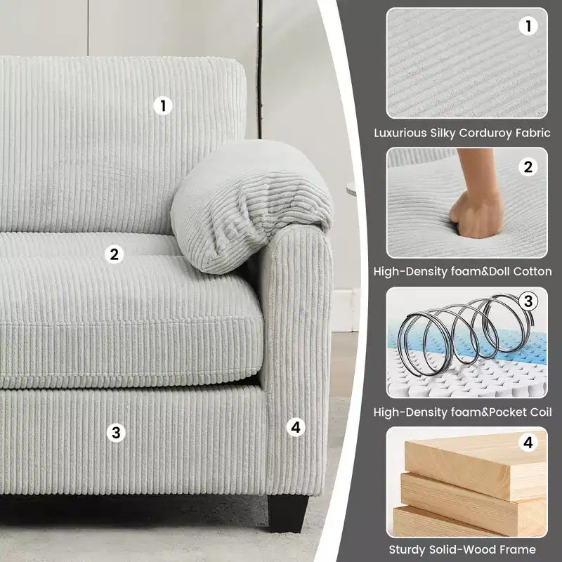 Divano modulare componibile in velluto a coste con pouf mobile, divano imbottito a forma di U con cuscino a due strati per soggiorno