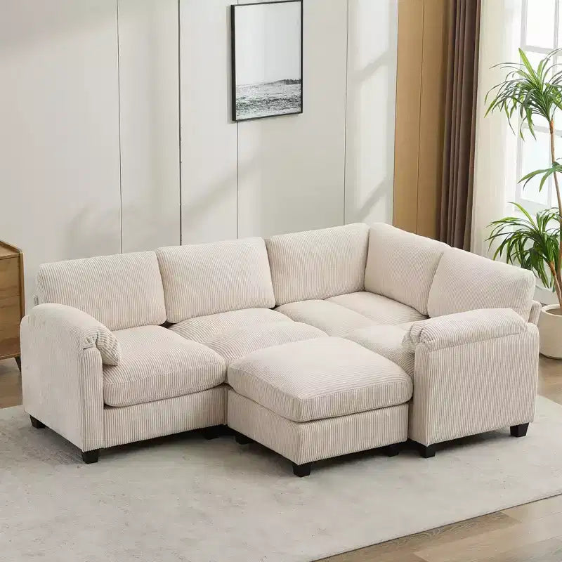Divano modulare componibile in velluto a coste con pouf mobile, divano imbottito a forma di U con cuscino a due strati per soggiorno