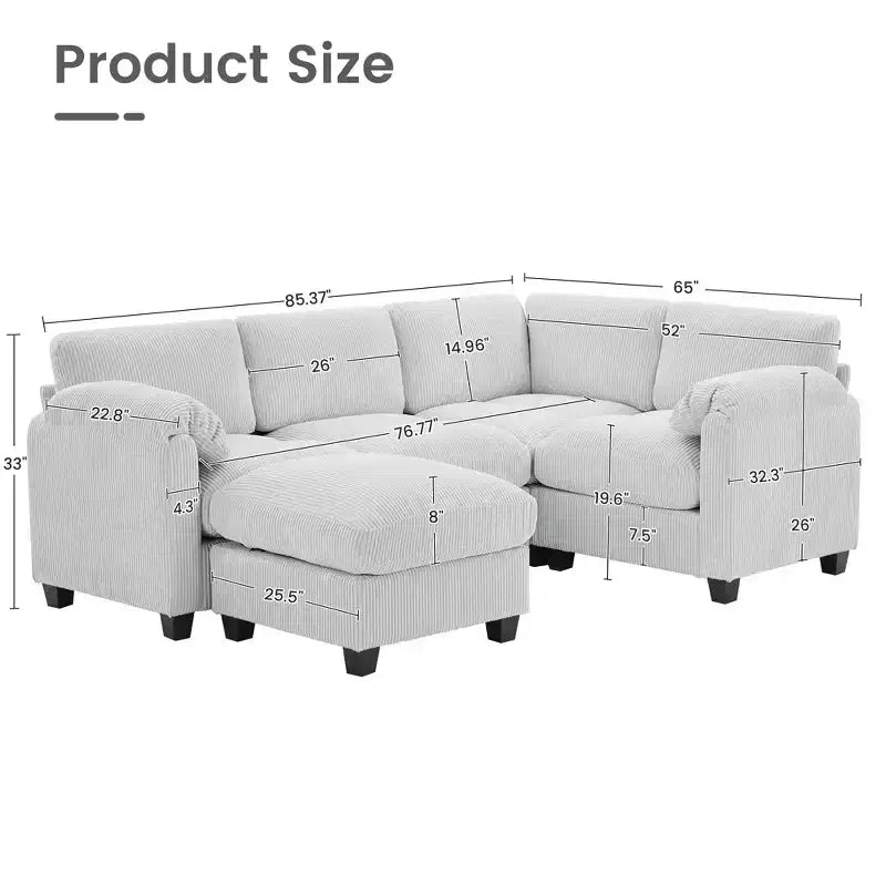Divano modulare componibile in velluto a coste con pouf mobile, divano imbottito a forma di U con cuscino a due strati per soggiorno