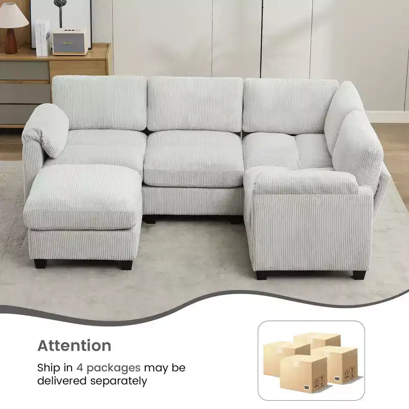 Divano modulare componibile in velluto a coste con pouf mobile, divano imbottito a forma di U con cuscino a due strati per soggiorno
