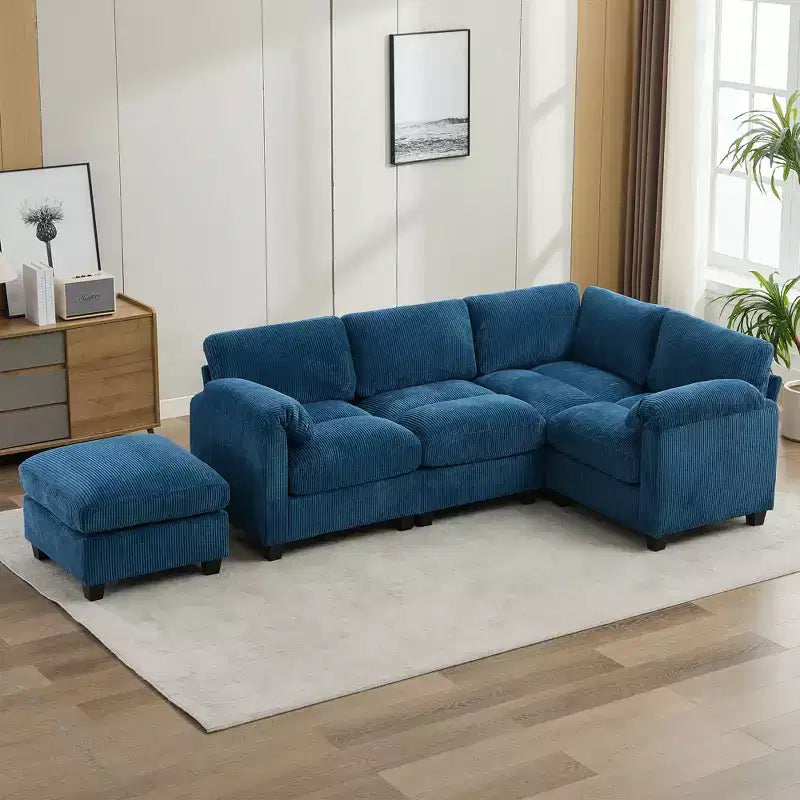 Divano modulare componibile in velluto a coste con pouf mobile, divano imbottito a forma di U con cuscino a due strati per soggiorno
