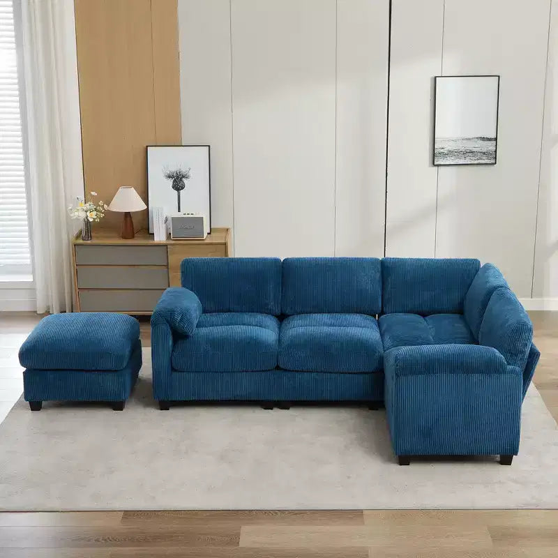 Divano modulare componibile in velluto a coste con pouf mobile, divano imbottito a forma di U con cuscino a due strati per soggiorno