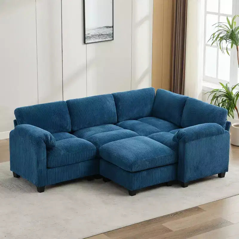 Divano modulare componibile in velluto a coste con pouf mobile, divano imbottito a forma di U con cuscino a due strati per soggiorno