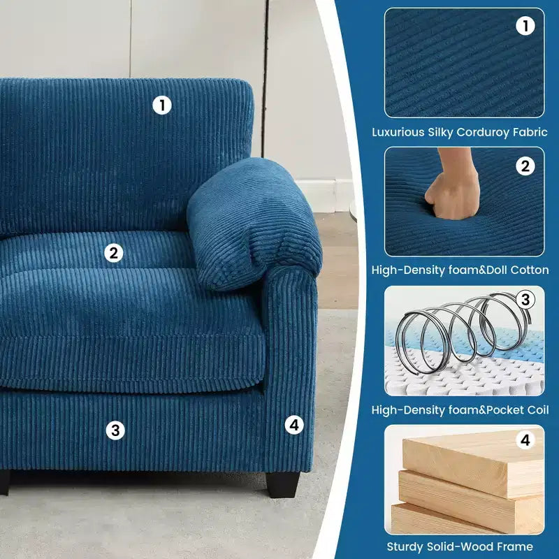 Divano modulare componibile in velluto a coste con pouf mobile, divano imbottito a forma di U con cuscino a due strati per soggiorno