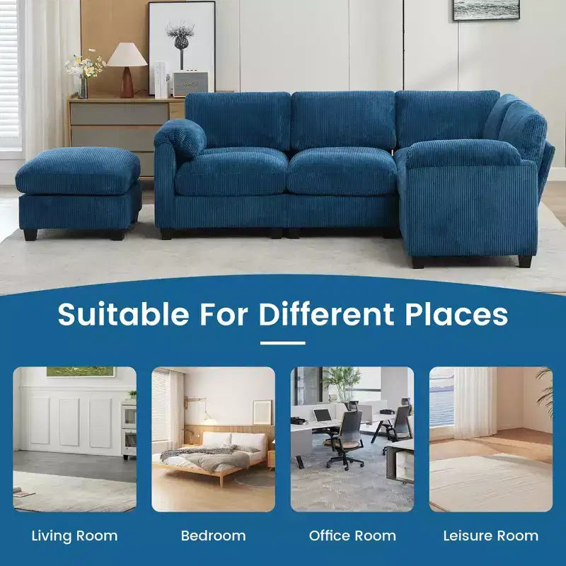 Divano modulare componibile in velluto a coste con pouf mobile, divano imbottito a forma di U con cuscino a due strati per soggiorno