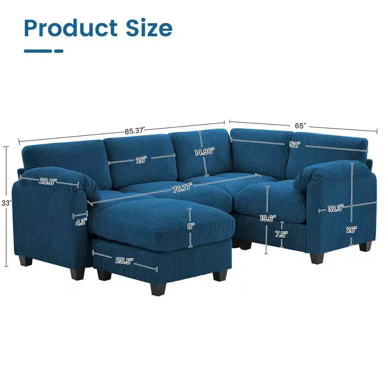 Divano modulare componibile in velluto a coste con pouf mobile, divano imbottito a forma di U con cuscino a due strati per soggiorno