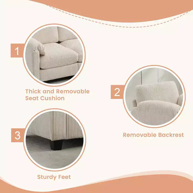 Divano modulare componibile in velluto a coste con pouf mobile, divano imbottito a forma di U con cuscino a due strati per soggiorno
