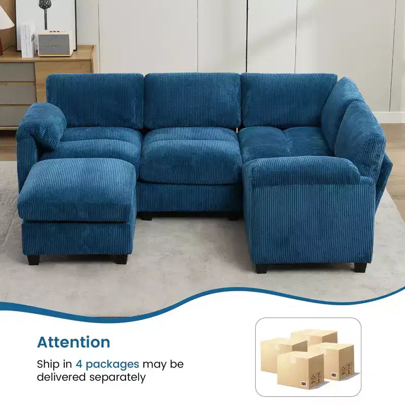 Divano modulare componibile in velluto a coste con pouf mobile, divano imbottito a forma di U con cuscino a due strati per soggiorno