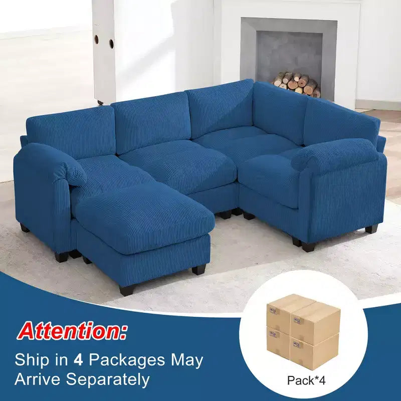 Divano modulare componibile in velluto a coste con pouf mobile, divano imbottito a forma di U con cuscino a due strati per soggiorno