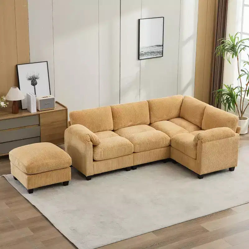 Divano modulare componibile in velluto a coste con pouf mobile, divano imbottito a forma di U con cuscino a due strati per soggiorno