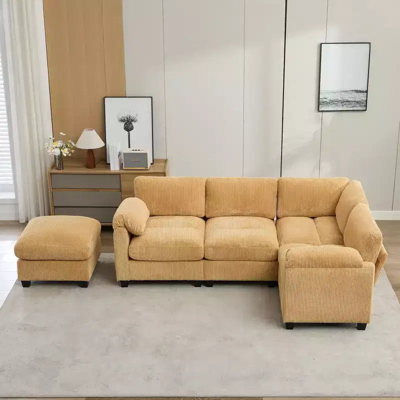 Divano modulare componibile in velluto a coste con pouf mobile, divano imbottito a forma di U con cuscino a due strati per soggiorno
