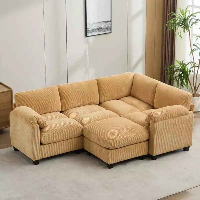Divano modulare componibile in velluto a coste con pouf mobile, divano imbottito a forma di U con cuscino a due strati per soggiorno
