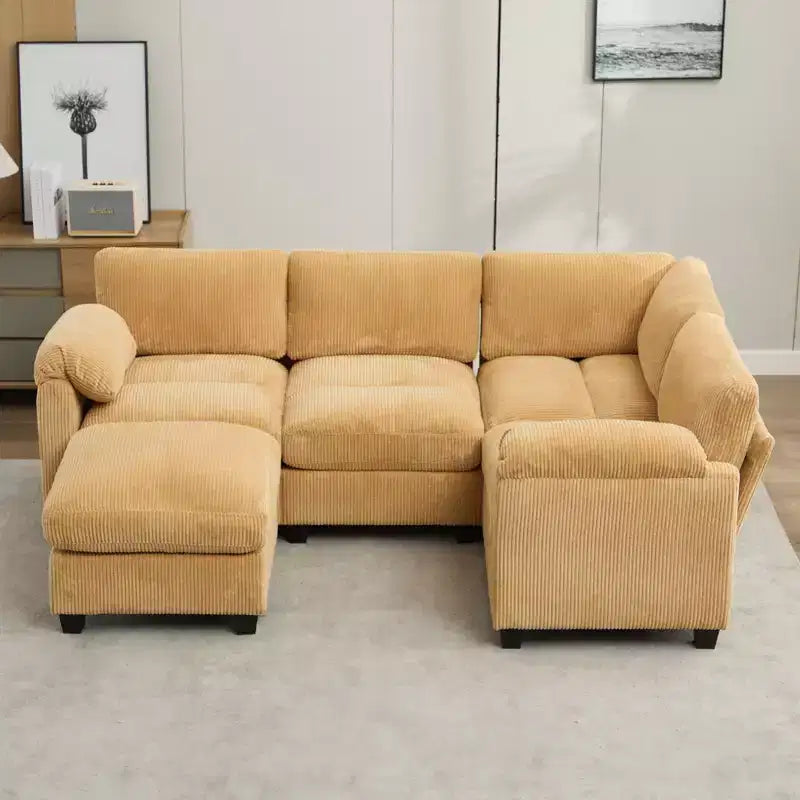 Divano modulare componibile in velluto a coste con pouf mobile, divano imbottito a forma di U con cuscino a due strati per soggiorno