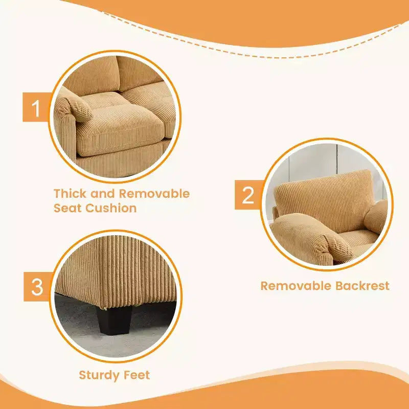 Divano modulare componibile in velluto a coste con pouf mobile, divano imbottito a forma di U con cuscino a due strati per soggiorno
