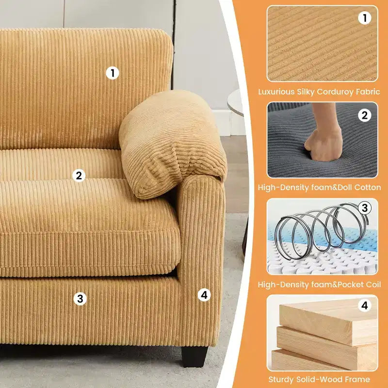 Divano modulare componibile in velluto a coste con pouf mobile, divano imbottito a forma di U con cuscino a due strati per soggiorno