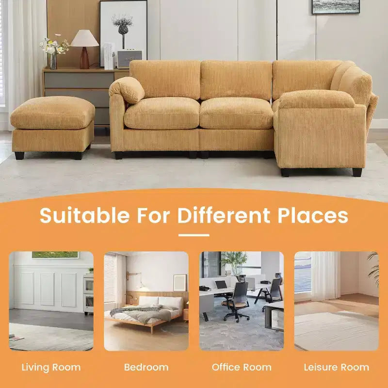 Divano modulare componibile in velluto a coste con pouf mobile, divano imbottito a forma di U con cuscino a due strati per soggiorno