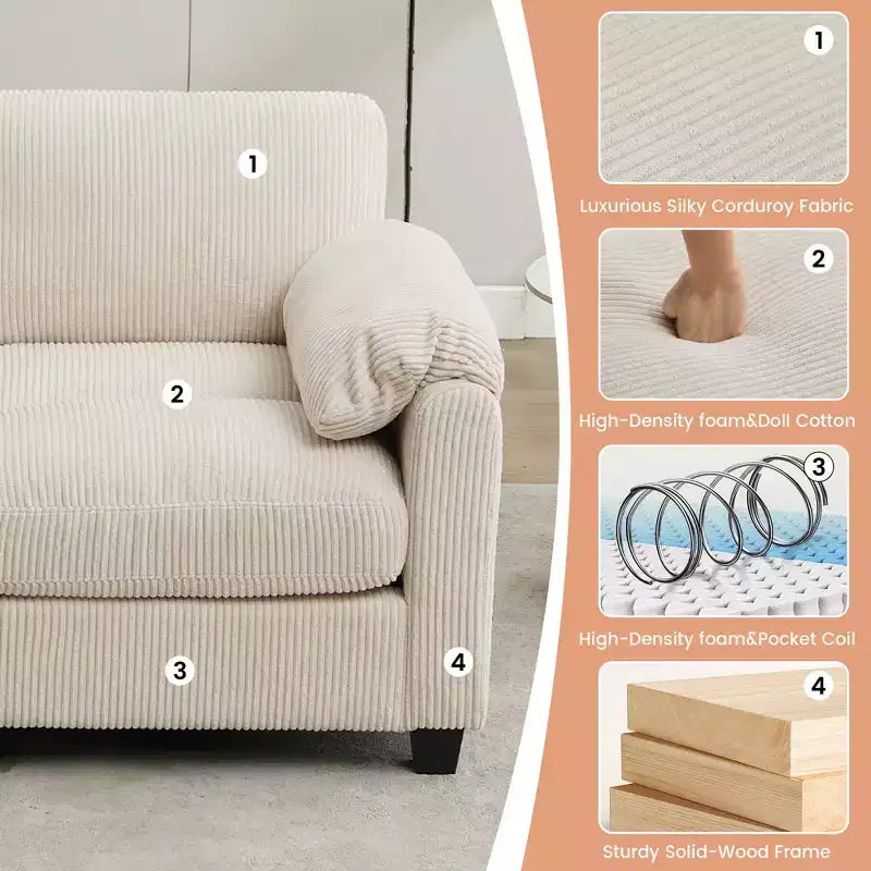 Divano modulare componibile in velluto a coste con pouf mobile, divano imbottito a forma di U con cuscino a due strati per soggiorno