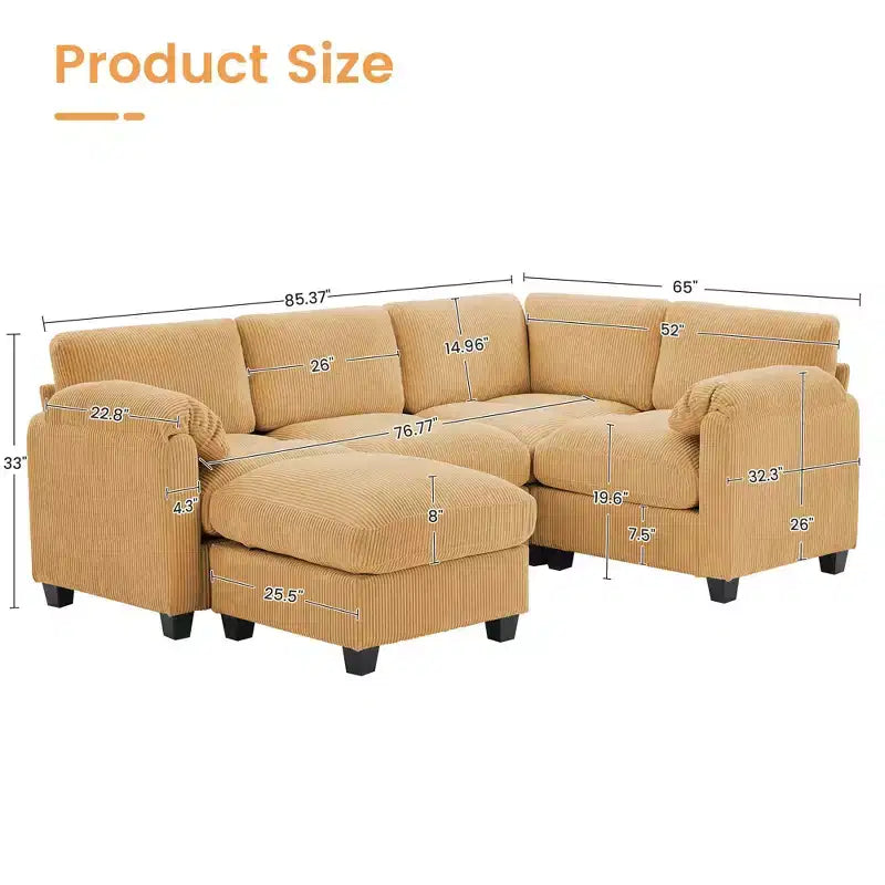 Divano modulare componibile in velluto a coste con pouf mobile, divano imbottito a forma di U con cuscino a due strati per soggiorno