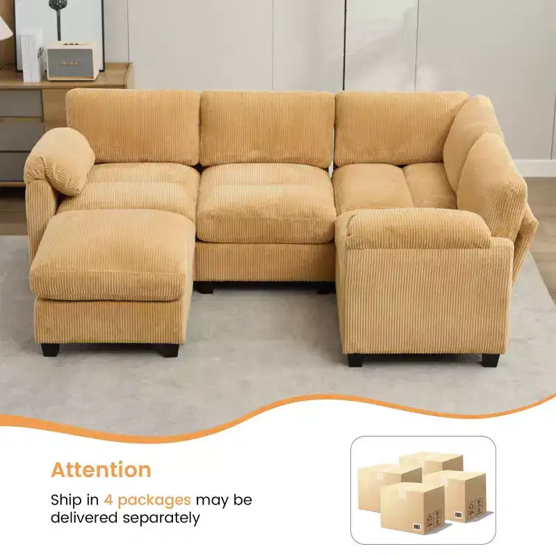Divano modulare componibile in velluto a coste con pouf mobile, divano imbottito a forma di U con cuscino a due strati per soggiorno