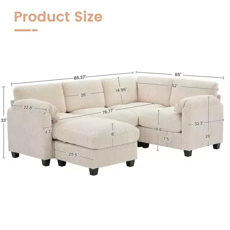 Divano modulare componibile in velluto a coste con pouf mobile, divano imbottito a forma di U con cuscino a due strati per soggiorno