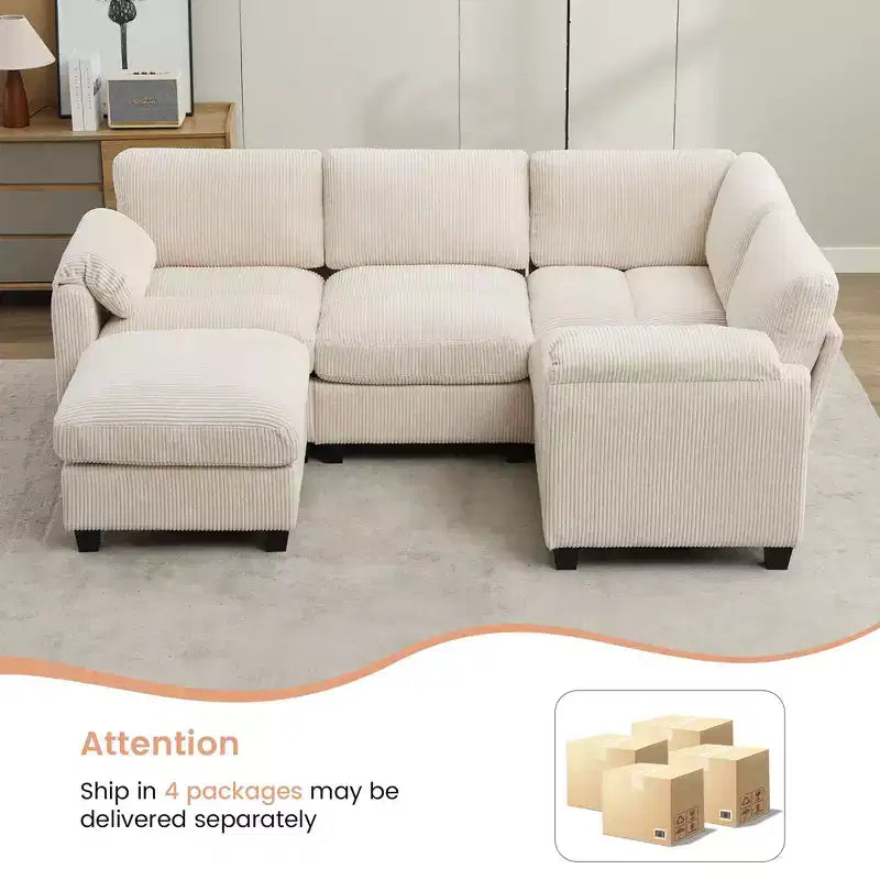 Divano modulare componibile in velluto a coste con pouf mobile, divano imbottito a forma di U con cuscino a due strati per soggiorno