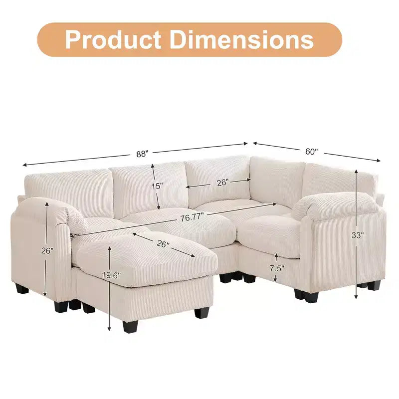 Divano modulare componibile in velluto a coste con pouf mobile, divano imbottito a forma di U con cuscino a due strati per soggiorno