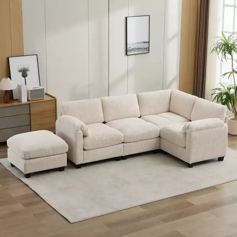 Divano modulare componibile in velluto a coste con pouf mobile, divano imbottito a forma di U con cuscino a due strati per soggiorno