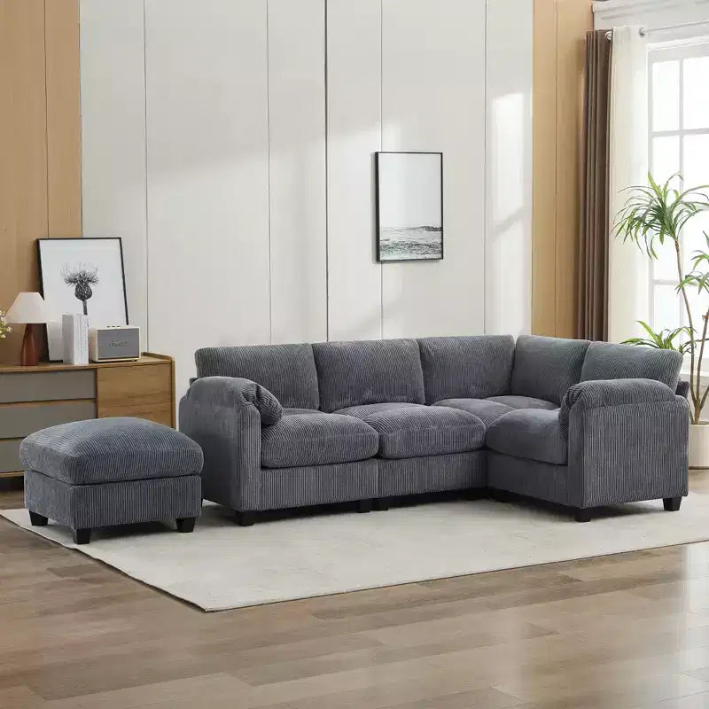 Divano modulare componibile in velluto a coste con pouf mobile, divano imbottito a forma di U con cuscino a due strati per soggiorno