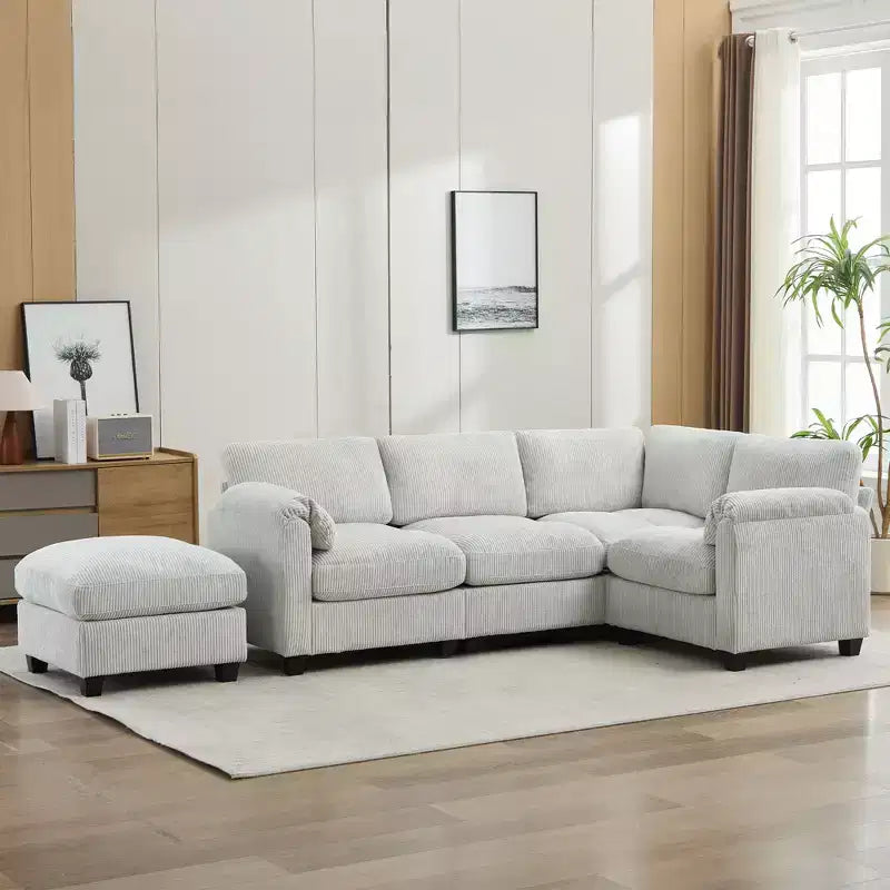 Divano modulare componibile in velluto a coste con pouf mobile, divano imbottito a forma di U con cuscino a due strati per soggiorno