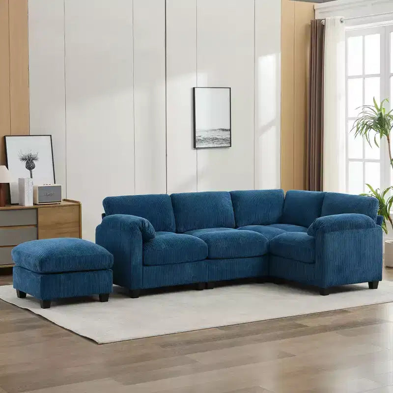 Divano modulare componibile in velluto a coste con pouf mobile, divano imbottito a forma di U con cuscino a due strati per soggiorno